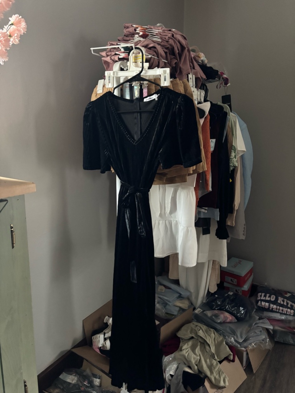 Black Velvet Maxi Wrap Dress with Tie Waist